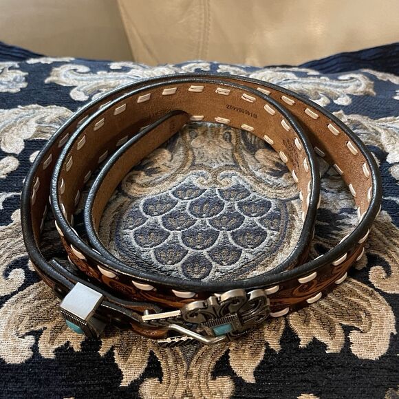 Angel Ranch Western Tooled Leather Womens Belt Rhinestone Size L Turquoise Brown - Picture 3 of 13